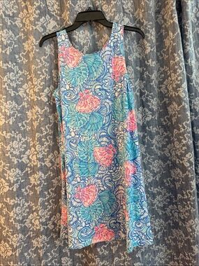 Lilly Pulitzer Aqua Blue and Pink Shell-Print Tank Shift Dress